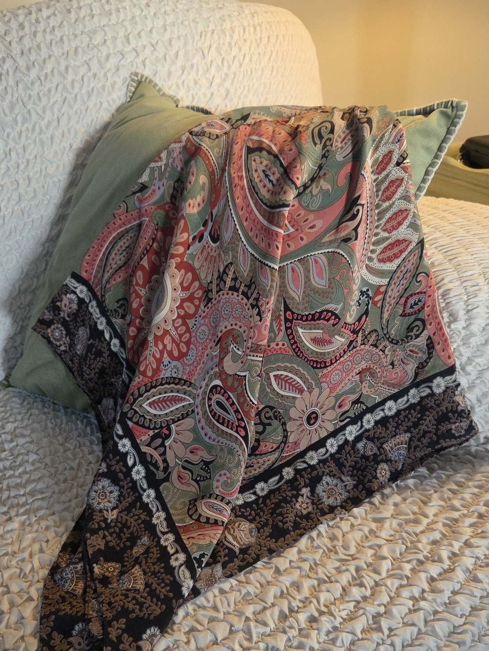 Paisley Print Scarf in Sage Green and Salmon Pink